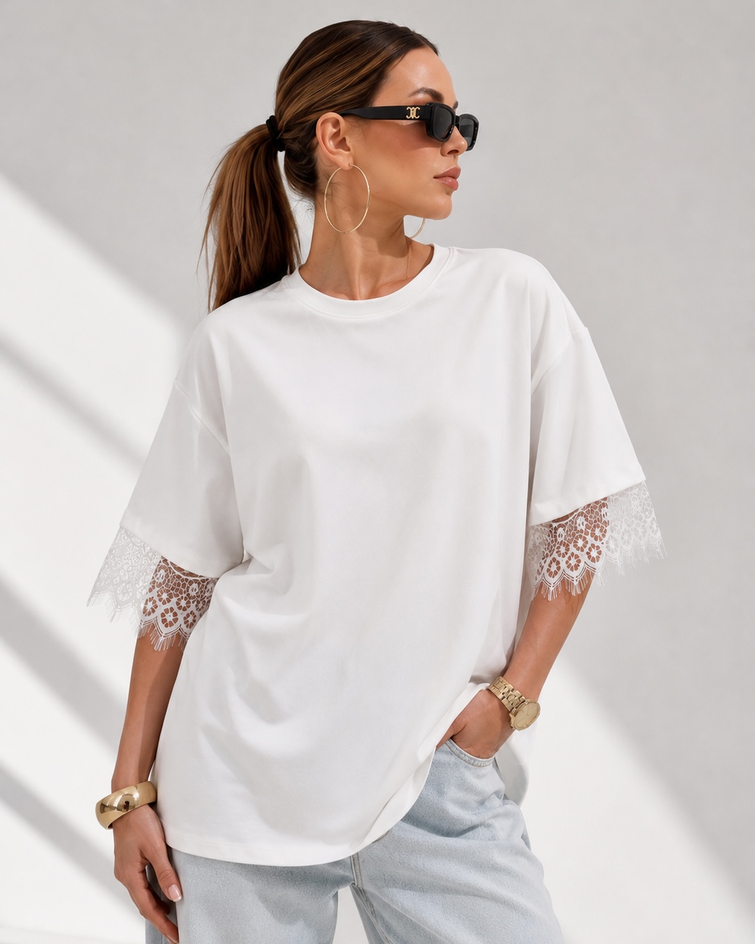 BACK LACE OVERSIZED TOP (WHITE & BLACK) - Image 4