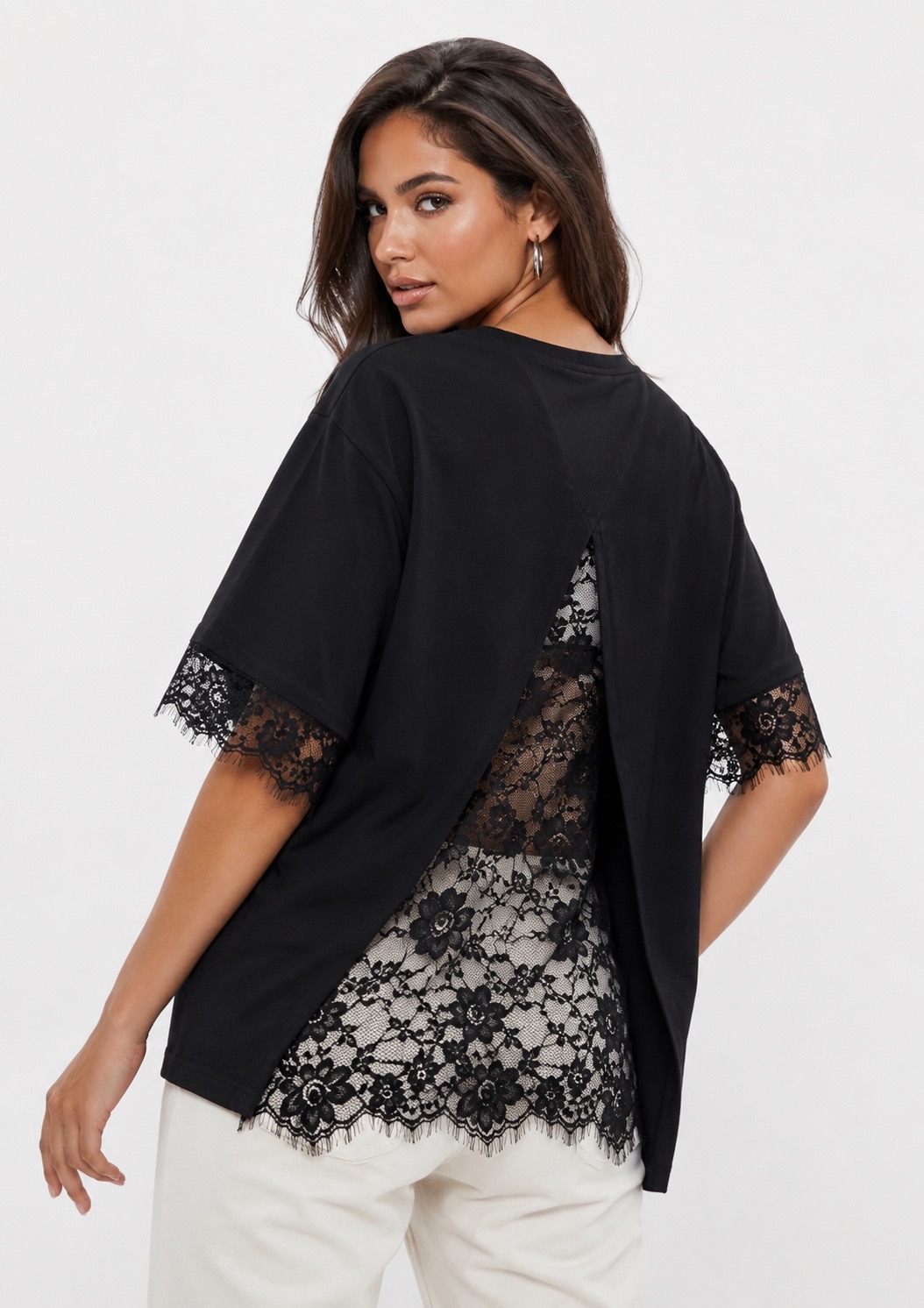 BACK LACE OVERSIZED TOP (WHITE & BLACK) - Image 8